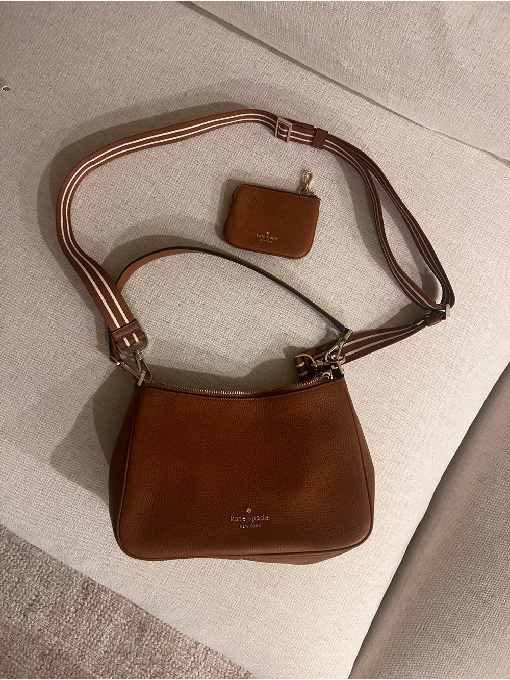 kate spade Pebbled Leather Shoulder Bag in Cognac with Striped Strap